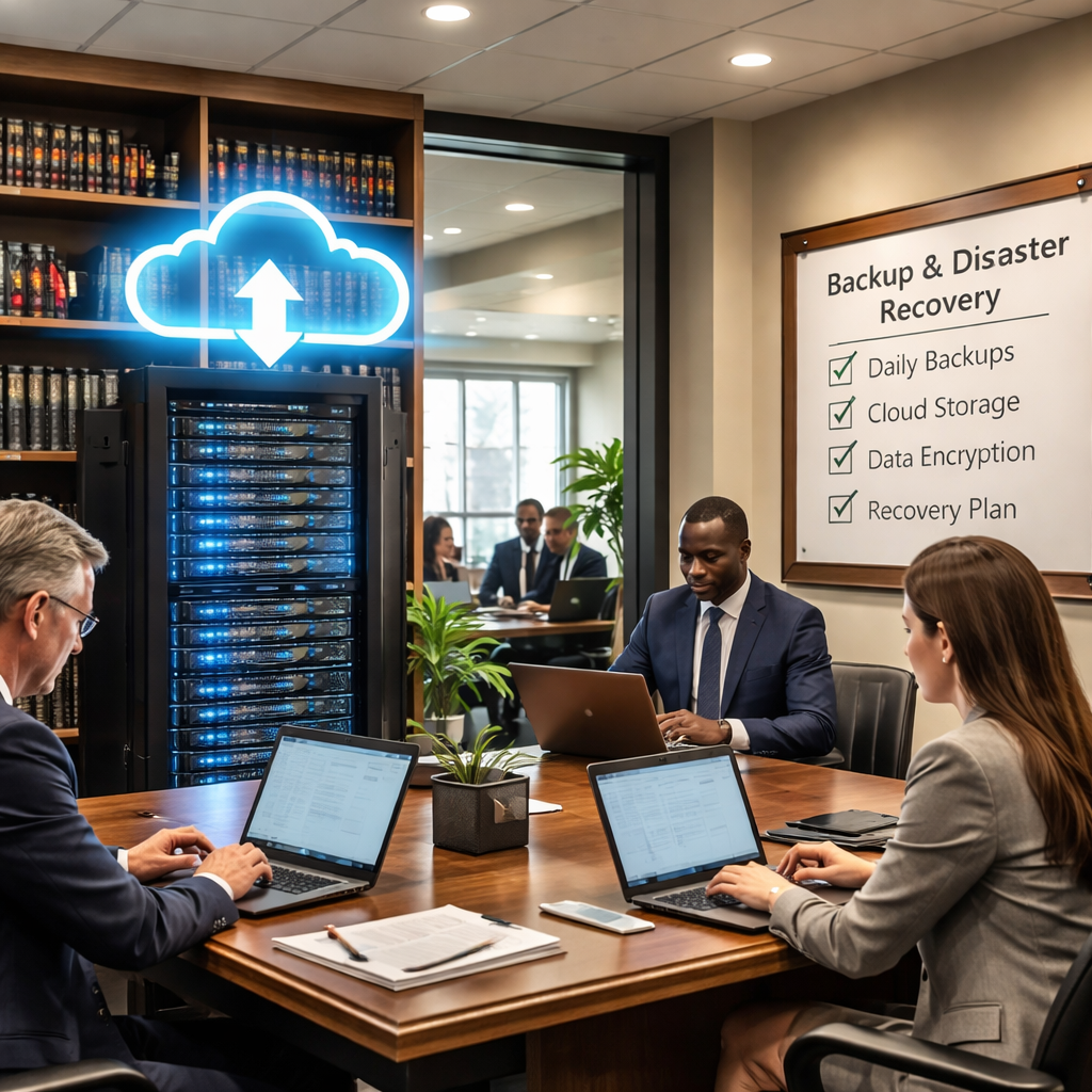 A photorealistic office scene in a Monterey law firm showing a server rack, a cloud backup icon hovering above it, and attorneys working on laptops, with a visible checklist on a whiteboard. Alt: law firm backup and disaster recovery planning visual.