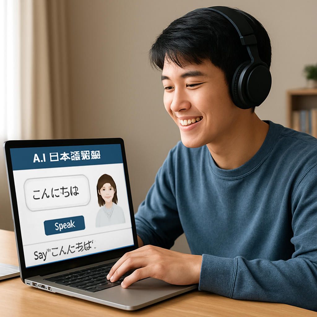 A friendly learner sitting at a desk with a laptop open to a Japanese AI tutoring interface, headphones on, smiling as they repeat a phrase. Alt: practice speaking Japanese with AI tutor, focused learner, casual home study setting.