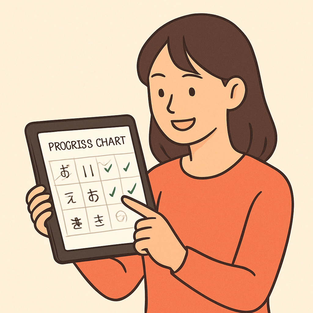 A learner reviewing a progress chart on a tablet, showing Japanese characters and a smile. Alt: practice speaking japanese progress tracking illustration