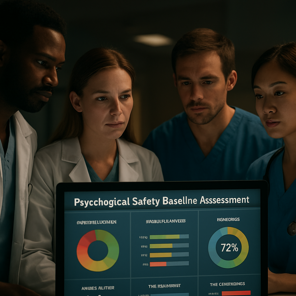 A cinematic, photorealistic scene of a diverse group of healthcare professionals gathered around a digital dashboard displaying colorful psychological safety metrics, soft hospital lighting creating depth, focused expressions indicating collaboration and trust. Alt: Psychological safety baseline assessment in a hospital team setting.