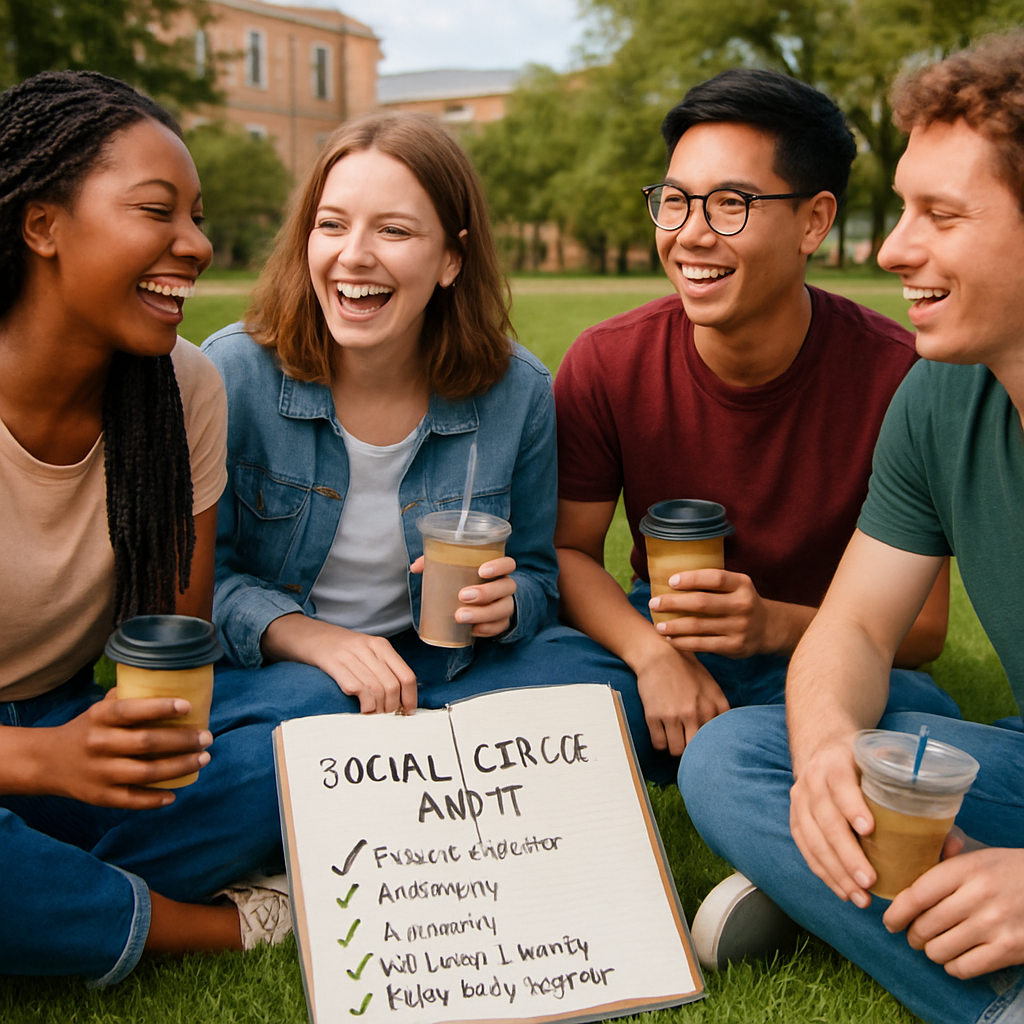 A photorealistic scene of a diverse group of college students sitting on a campus lawn, laughing and sharing drinks, with a notebook open showing a social circle audit list. Alt: Youths assessing their social circle for better relationships and social life.