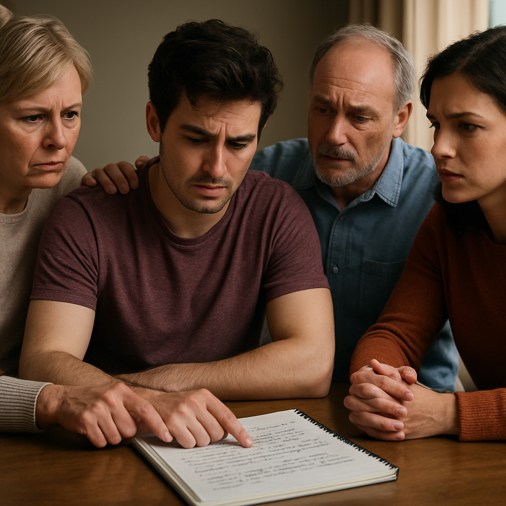 A supportive family gathered around a table, reviewing a notebook filled with observations about a loved one's behavior. Alt: Family assessing need for drug intervention using a notebook.