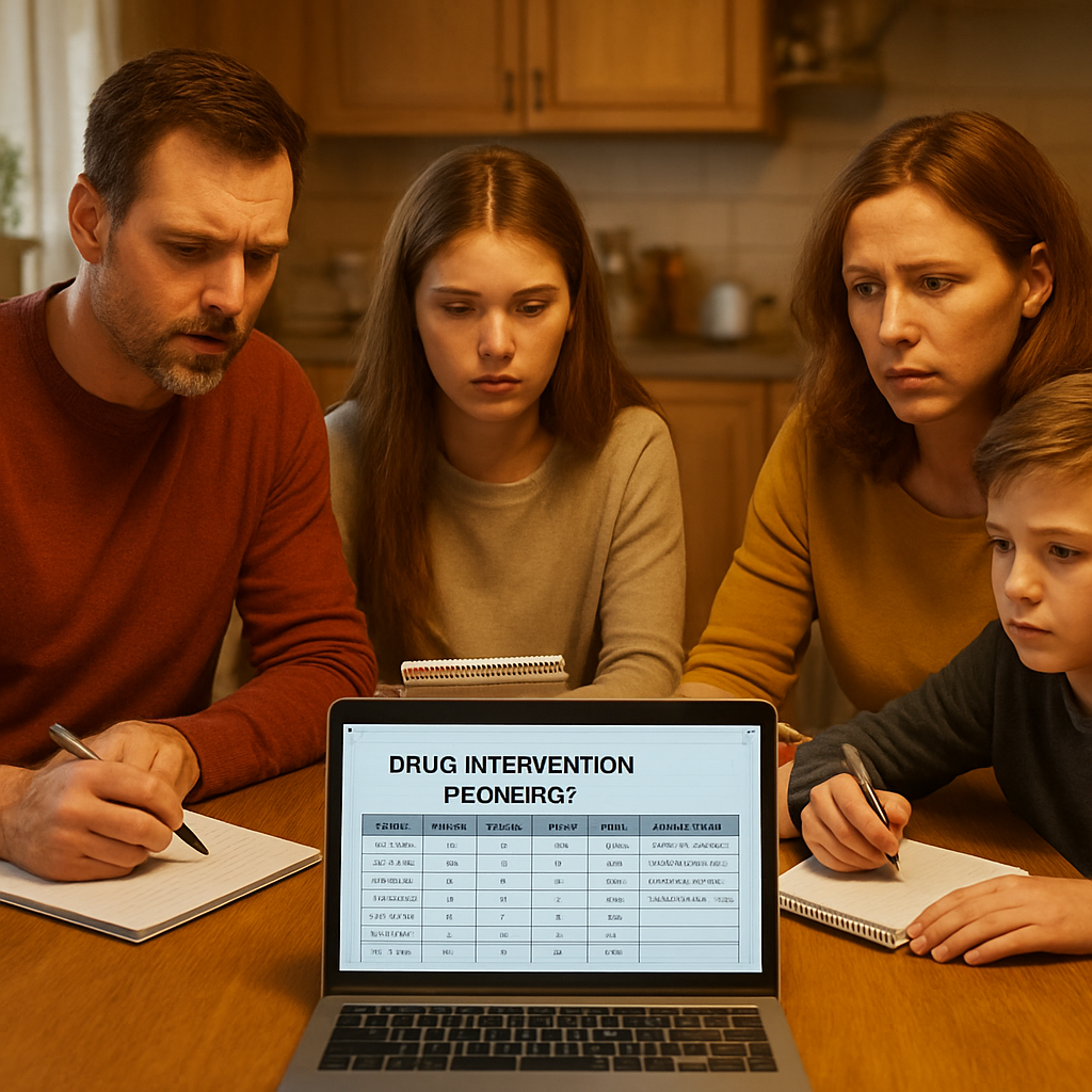 A warm scene of a family gathered around a kitchen table, each holding a notebook and a laptop displaying a simple tracking spreadsheet. Alt: Family monitoring drug intervention progress with a shared log.