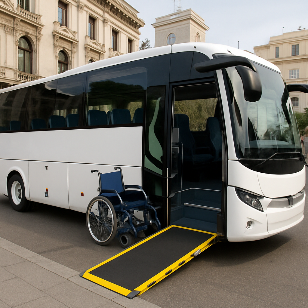 A modern wheelchair accessible coach with ramp extended at a Madrid city street, showing easy access and comfort. Alt: Wheelchair accessible coach in Madrid with side ramp ready for passengers