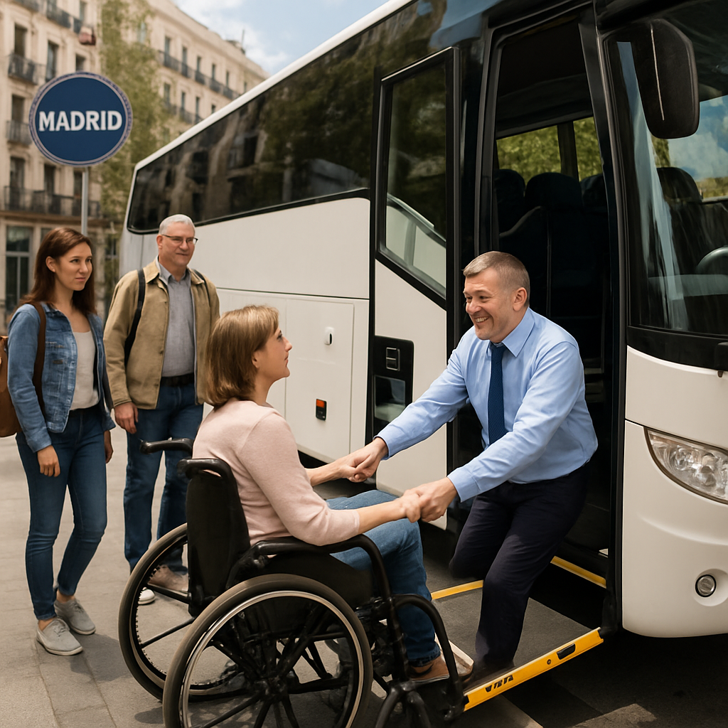 A group boarding a wheelchair-accessible coach in Madrid, with a friendly driver assisting; Alt: Wheelchair accessible coach hire in Madrid with passenger assistance for comfort and safety.