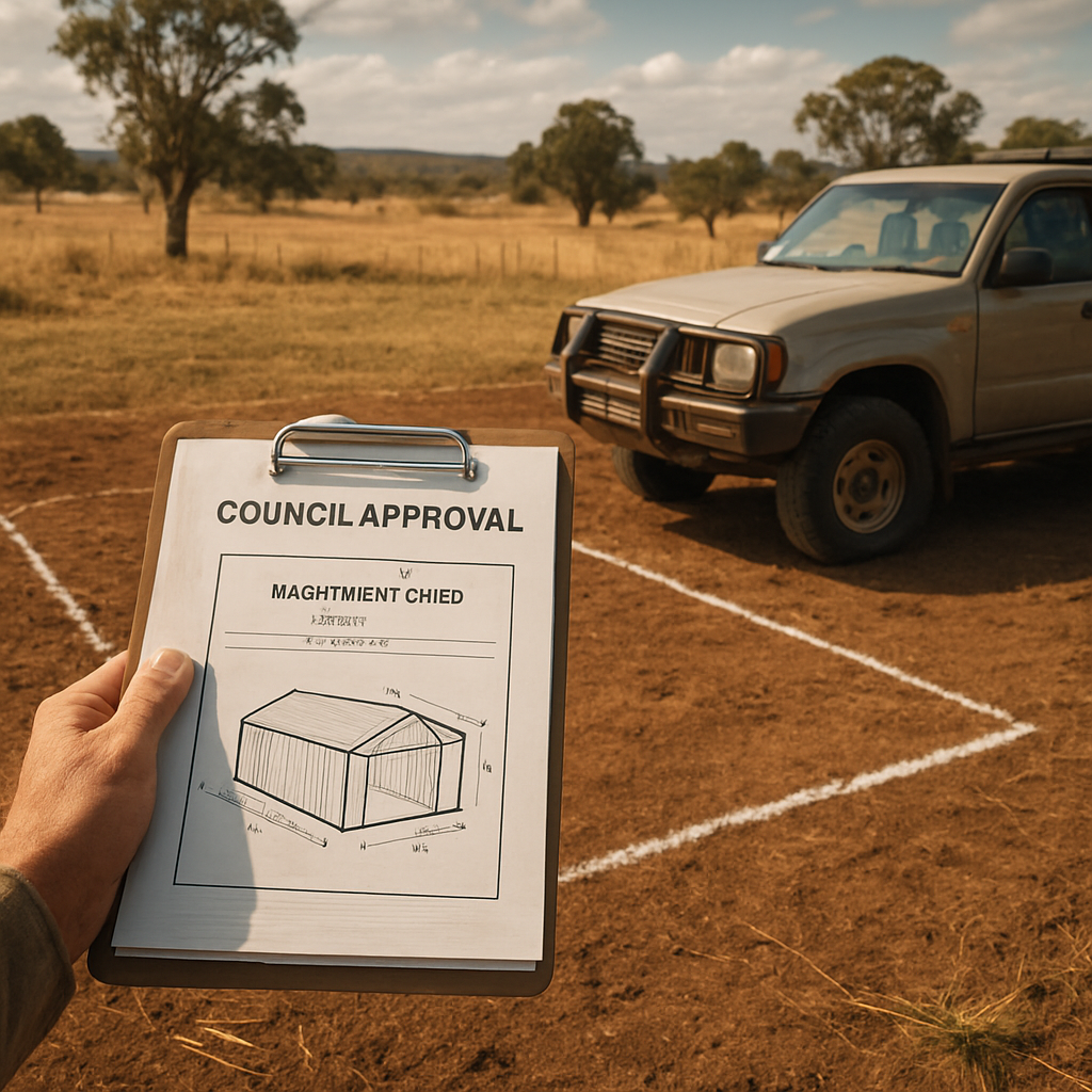 A rural construction site with a marked shed footprint, council approval documents on a clipboard, and a 4x4 vehicle nearby. Alt: Machinery shed plans with permits and approvals ready for construction