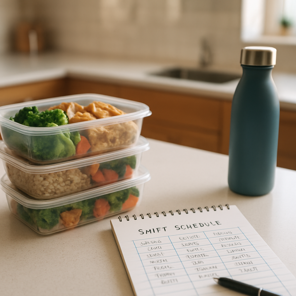 A bright kitchen counter with pre‑packed meal containers, a reusable water bottle, and a notepad of shift schedules. Alt: Nurses preparing balanced meals for night shifts.