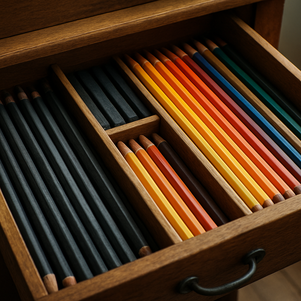 A photorealistic close‑up of an artist’s desk drawer opened to reveal neatly organized rows of graphite, charcoal, and coloured pencils in distinct compartments, soft natural lighting highlighting the textures of wood and metal, realistic style.