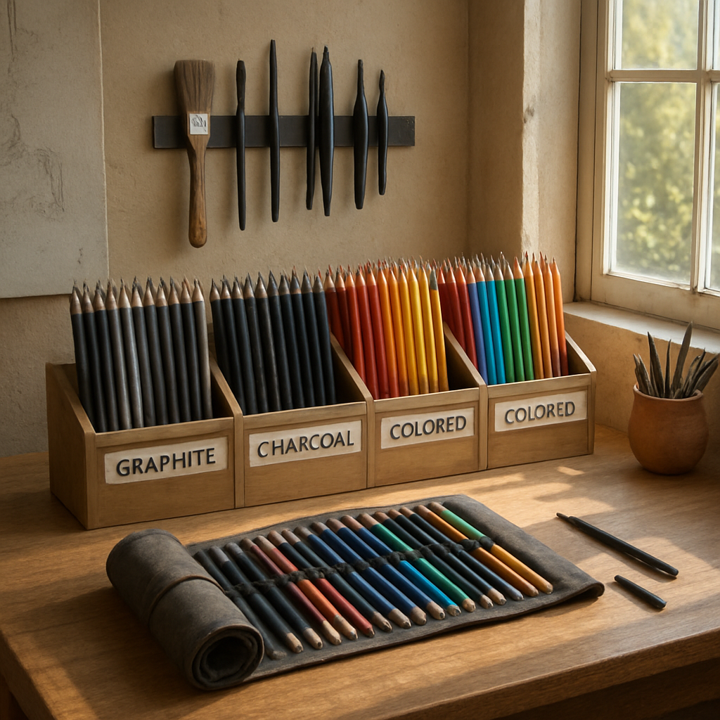 A photorealistic scene of an organized artist's desk in a sunlit Indian studio, pencils neatly sorted in labeled compartments (graphite, charcoal, colored), a compact roll-up case, and a magnetic strip. Alt: Organized pencil storage for artists in a bright studio.
