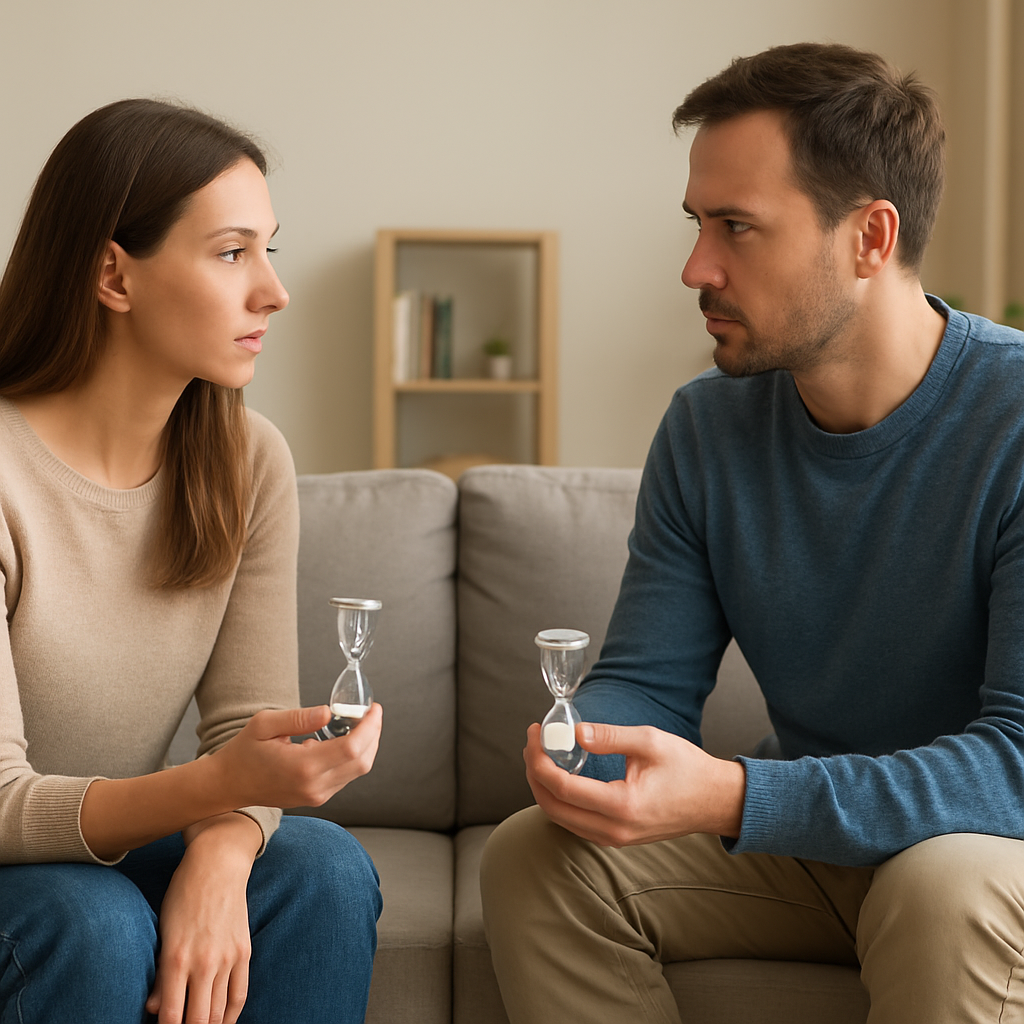 A couple sitting on opposite sides of a living room couch, both holding a small timer, with a calm expression as they pause their conversation. Alt: Couple using a time-out timer during a heated discussion