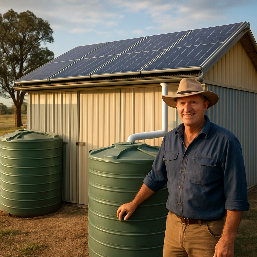 A farmer standing beside a solar‑panel‑equipped shed with rainwater tanks and insulated walls, showcasing sustainable upgrades on a rural property. Alt: Sustainable eco‑friendly upgrades for rural property maintenance.