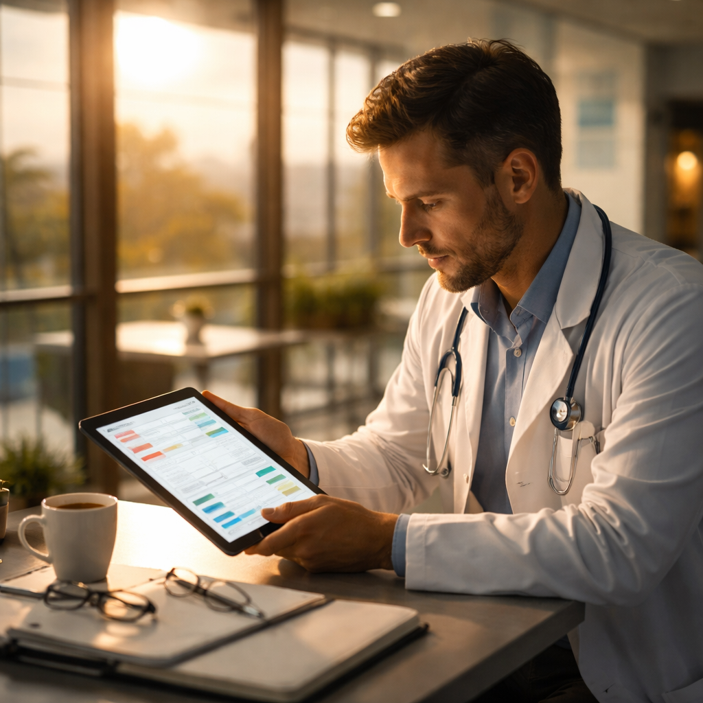 A cinematic, photorealistic scene of a physician in a modern hospital break room, reviewing a colour‑coded schedule on a tablet while a soft sunrise streams through large windows, casting dramatic light and subtle shadows that highlight the balance between work and personal time. Alt: Physician assessing schedule for work‑life balance.
