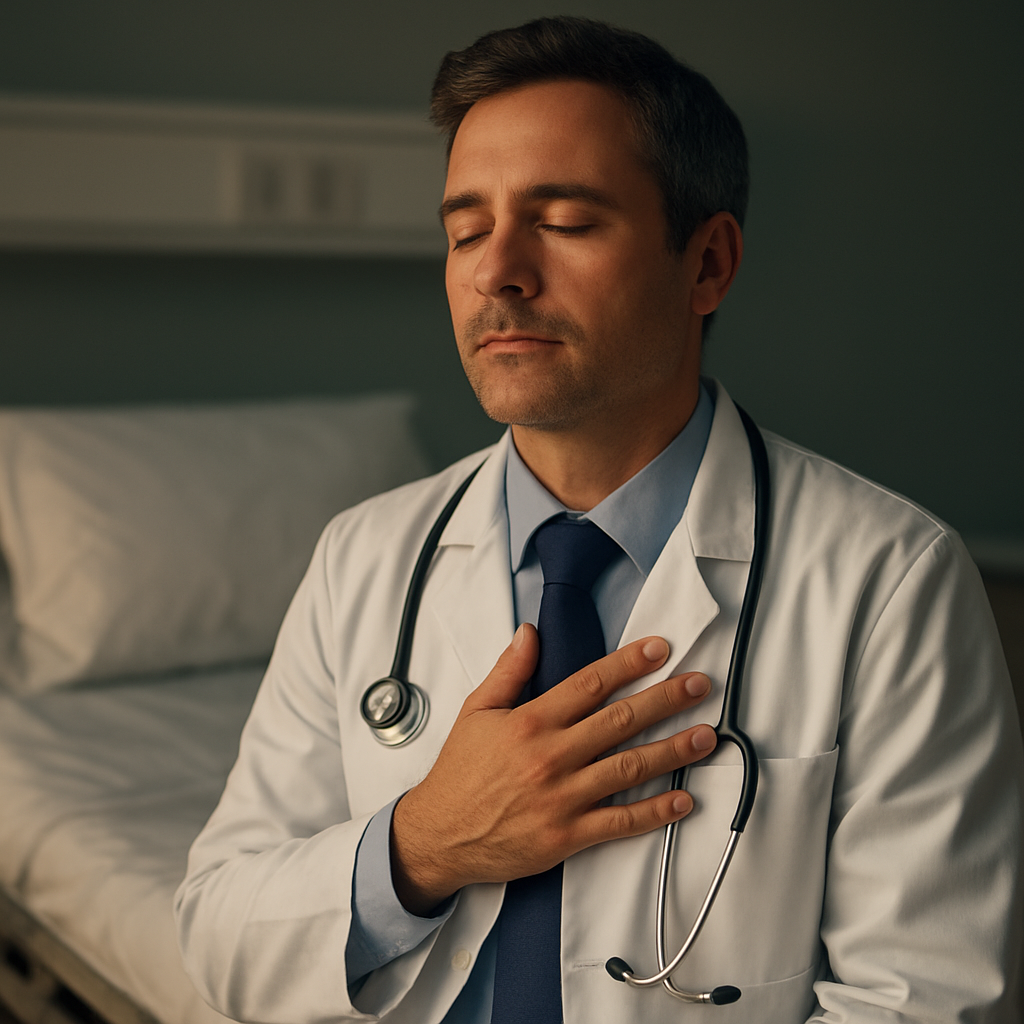 A clinician taking a short breathing micro‑break at a bedside, showing a relaxed posture and a gentle hand on chest. Alt: micro‑break breathing exercise for physicians