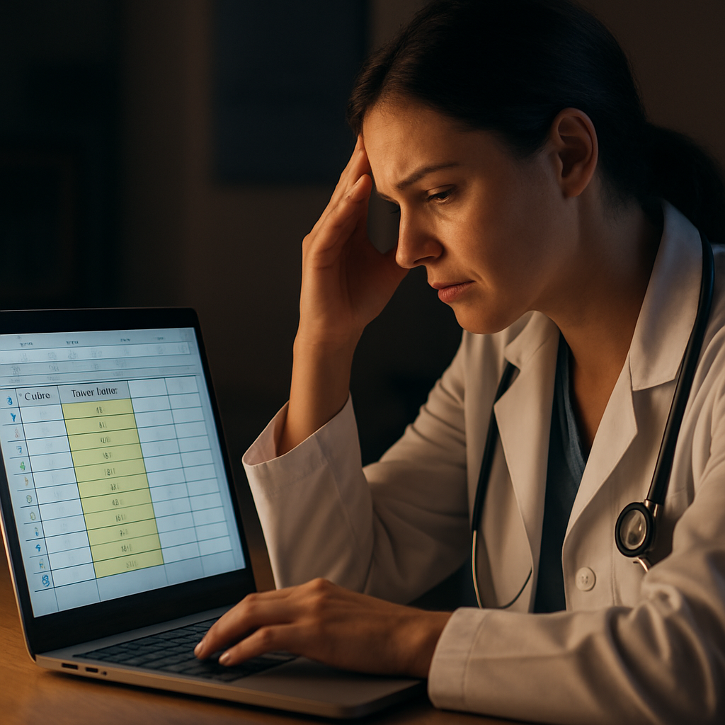 A clinician reviewing a simple spreadsheet on a laptop, with stress rating columns highlighted. Alt: clinician monitoring burnout progress with a spreadsheet