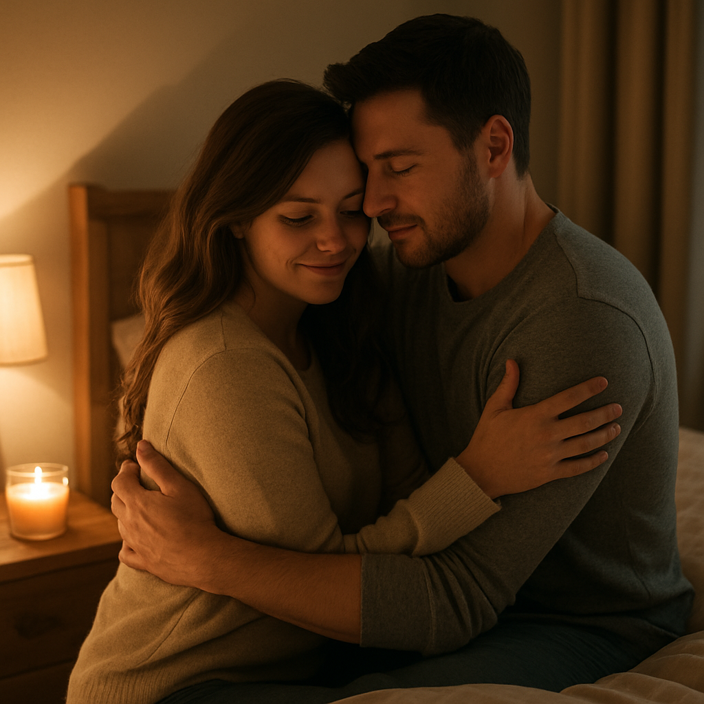 A cozy bedroom scene with soft lighting, a candle, and a couple sharing a gentle hug. Alt: Physical intimacy ideas for couples to keep the spark alive in marriage.
