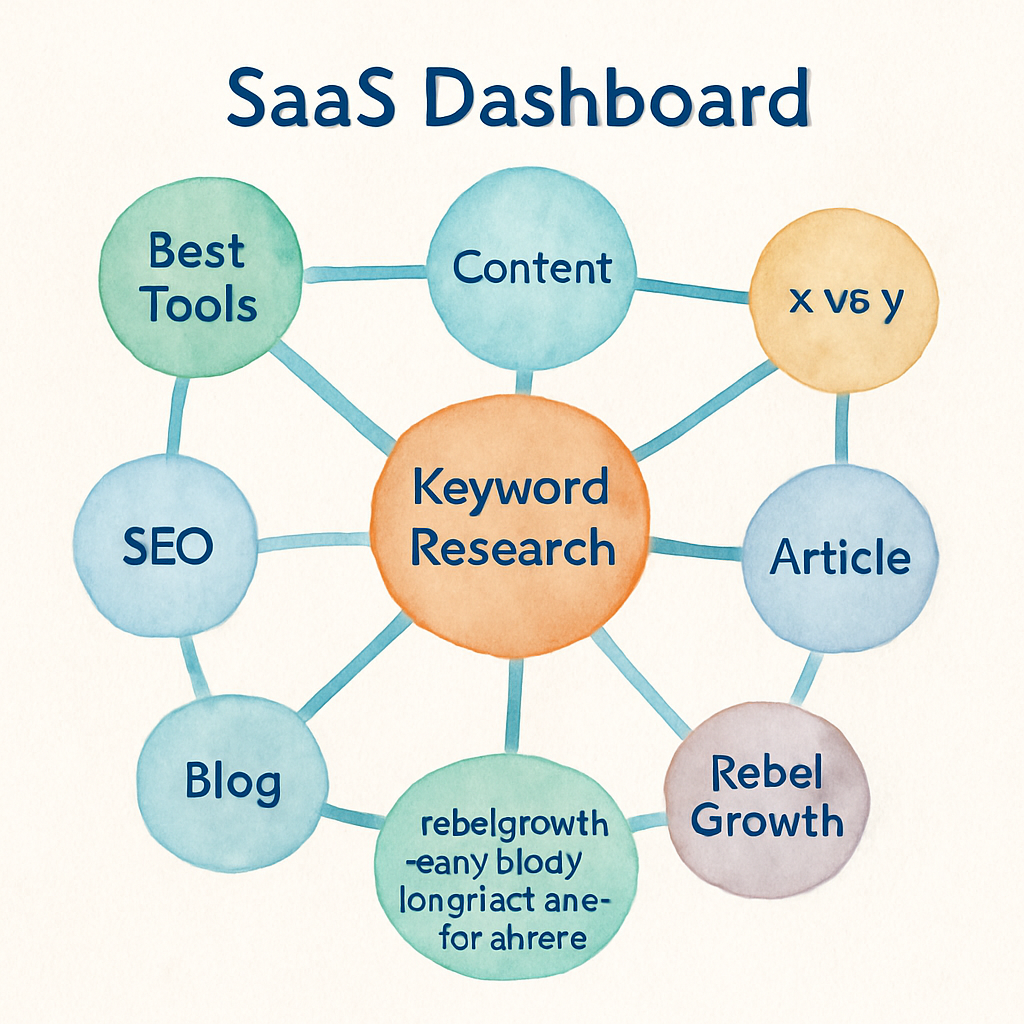 A modern SaaS dashboard showing interconnected content clusters, alt: SaaS topic cluster example visualization