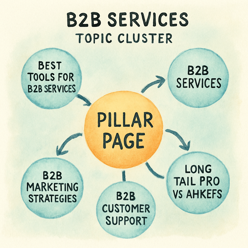 An illustration of a B2B services topic cluster diagram showing a central pillar page surrounded by five supporting articles with arrows looping back. Alt: B2B services topic cluster visual guide