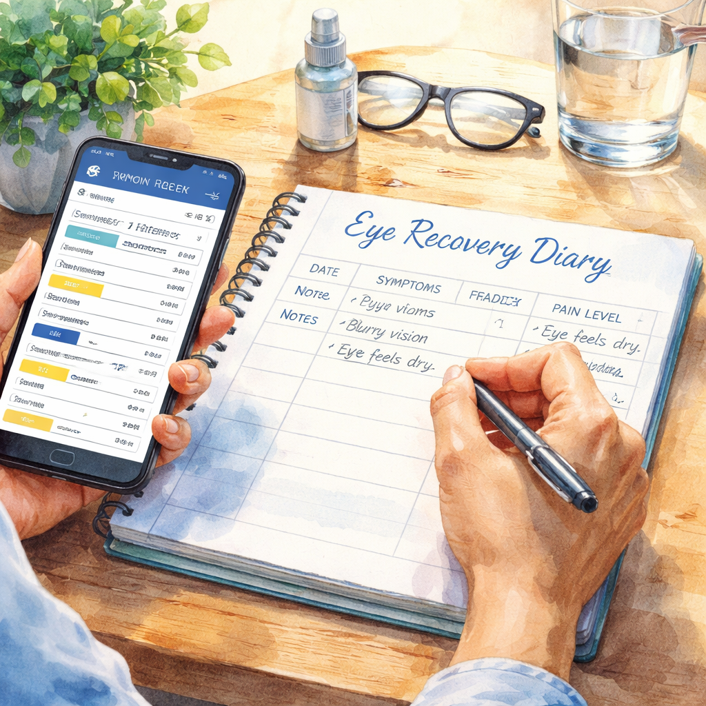 A patient holding a mobile phone while noting symptoms in an eye recovery diary. Alt: Eye recovery diary note