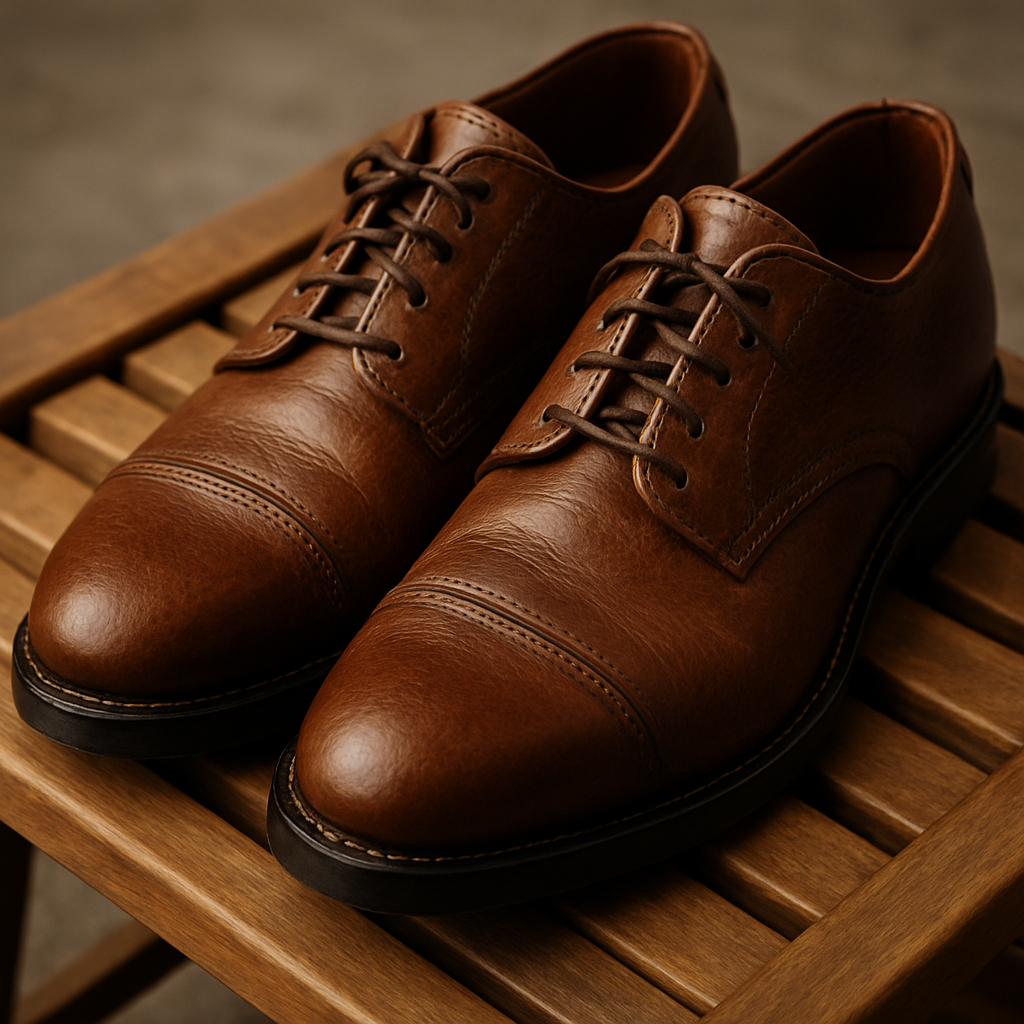 En närbild av välskötta läderskor som står på en träbänk, med mjukt ljus som framhäver läderstruktur. Alt: skovård läder förvaring och vård.