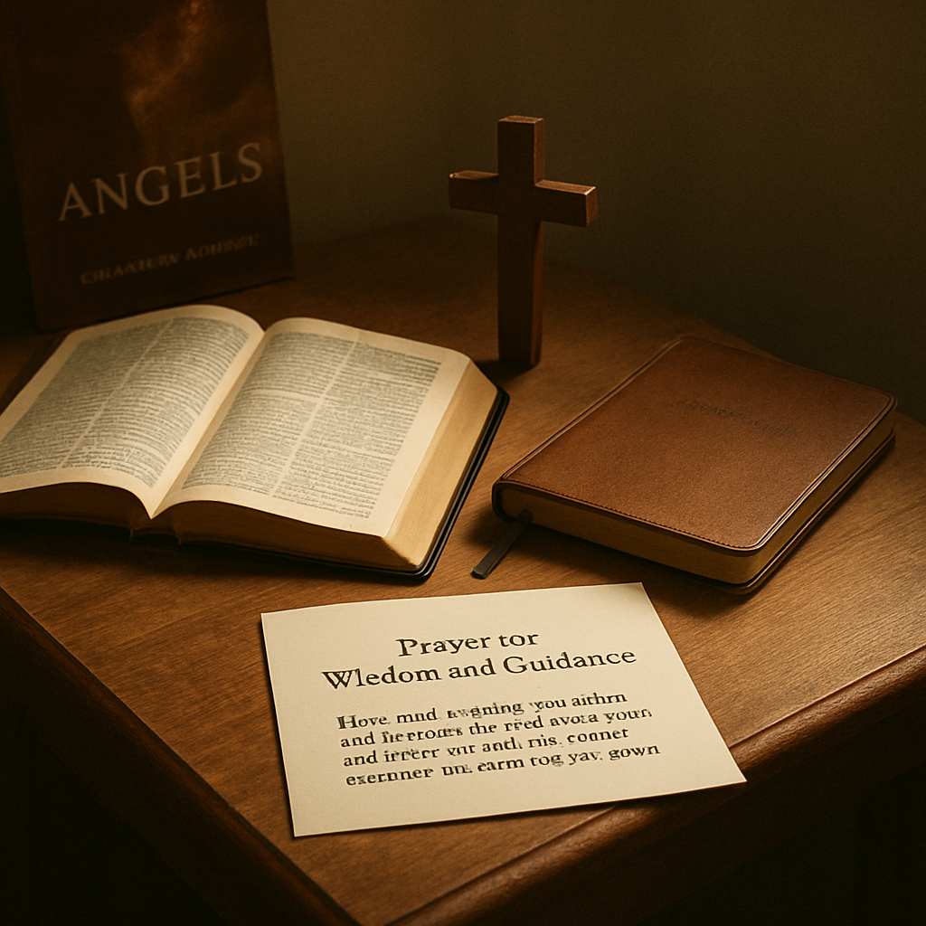 A calm, sunlit prayer corner with an open Bible, a journal, and a small cross on a wooden table. Alt: prayer for wisdom and guidance placed on a bedside table.