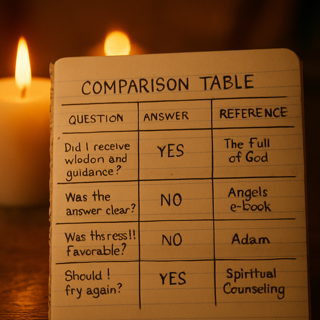 A hand‑drawn comparison table on a notebook page, with soft candlelight in the background. Alt: comparison table for evaluating prayer for wisdom and guidance outcomes