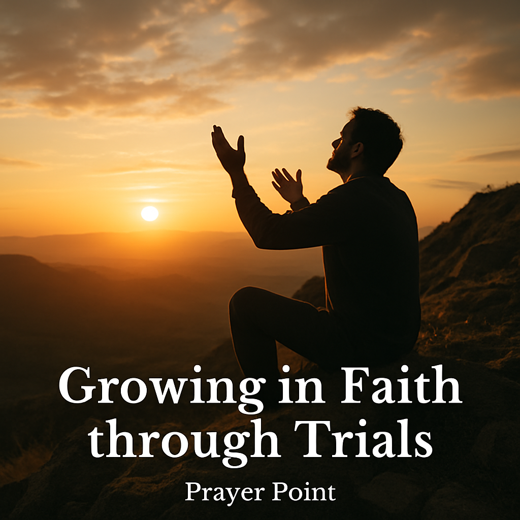 A person sitting on a rocky hillside at sunrise, hands lifted in prayer, symbolic of growing faith through trials. Alt: Growing in faith through trials prayer point.