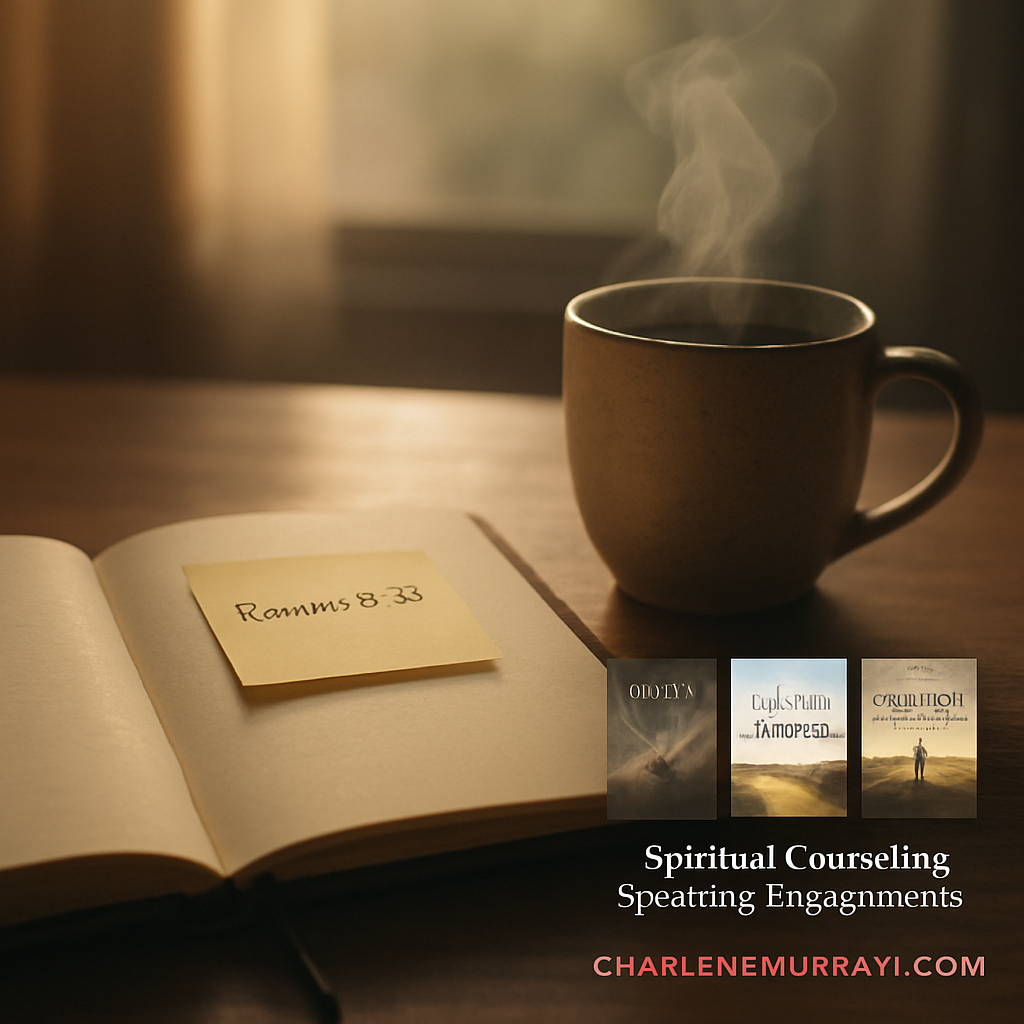 A calm morning setting with a notebook open, a sticky note on the cover, and a steaming cup of coffee. Alt: morning devotion ritual with scripture reminder.