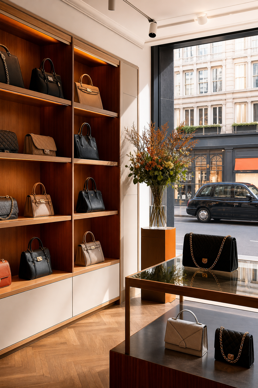 A photorealistic interior of an elegant London luxury consignment boutique with pre-owned designer handbags displayed on warm wooden shelves, soft natural daylight, orange accent details. Alt: pre loved designer bags on display at a London consignment boutique.