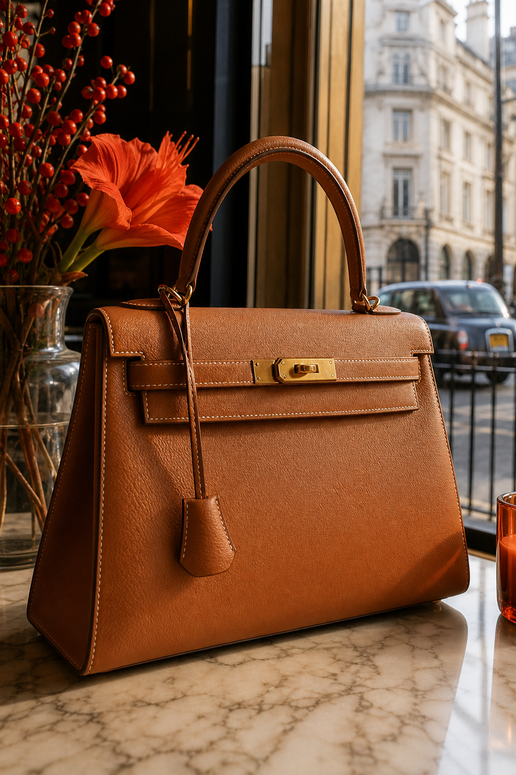 A photorealistic close-up of a structured top-handle leather handbag in tan leather resting on a marble surface, warm natural light catching the stitching detail, soft orange ambient tones. Alt: pre loved Hermès style top-handle designer bag in tan leather.