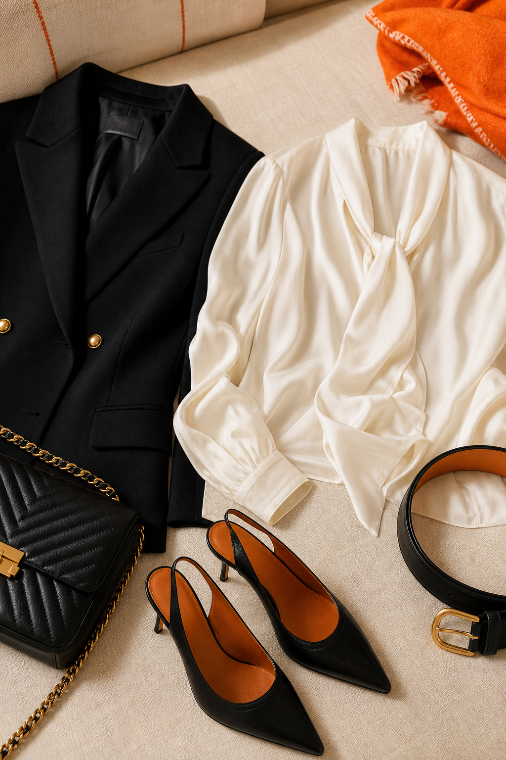 Luxury editorial flat lay of authenticated pre-owned designer womenswear pieces including a silk blouse, a structured blazer, and a leather belt arranged on a warm cream linen surface with a subtle orange accent thread detail. Realism style, no faces, no text. Alt: Pre owned designer clothes laid out on a cream surface, including a silk blouse and structured blazer.