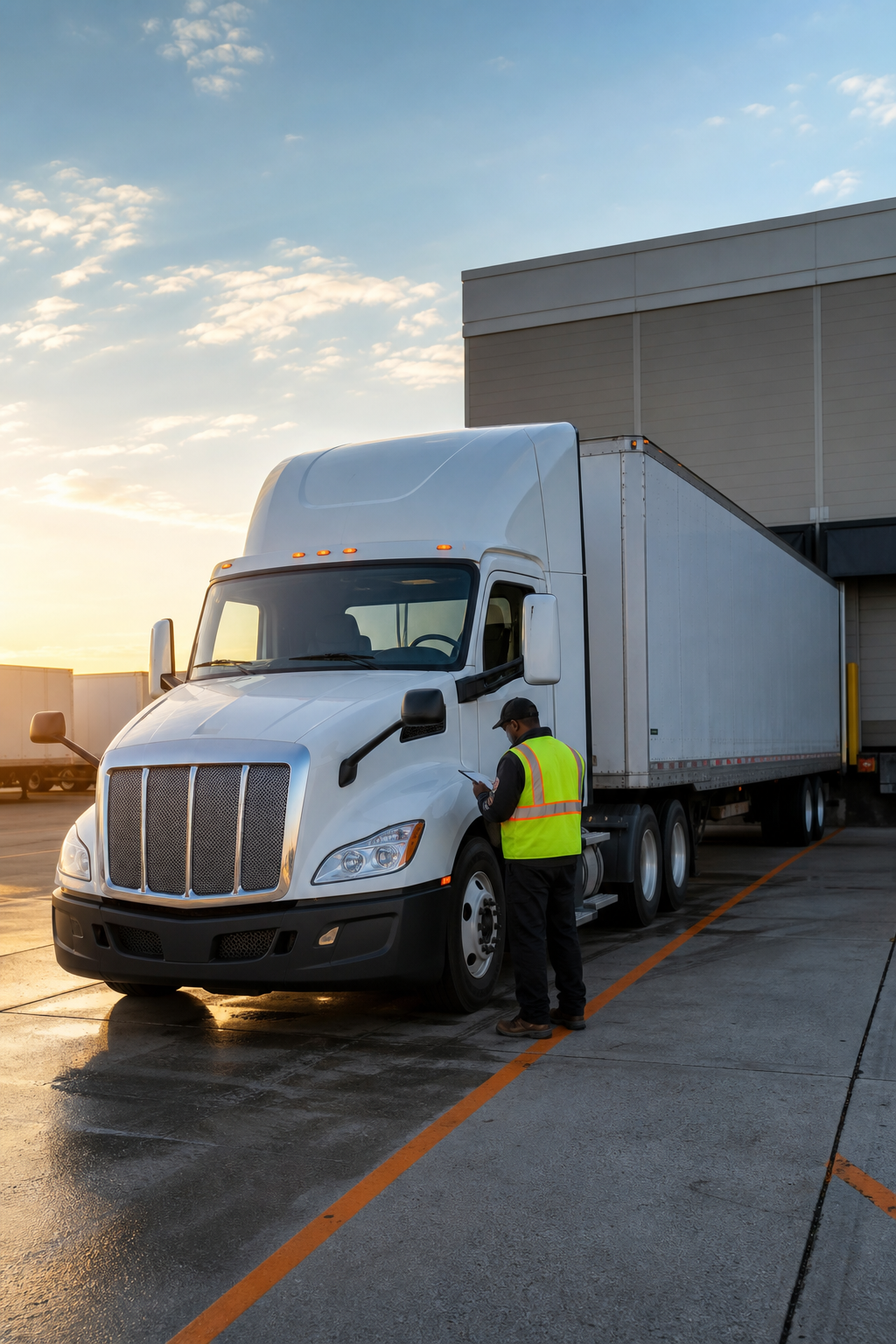 A realistic photo of a FedEx semi‑tractor trailer parked at a loading dock, morning light, driver in a reflective vest checking the truck, high‑detail, Realism style
