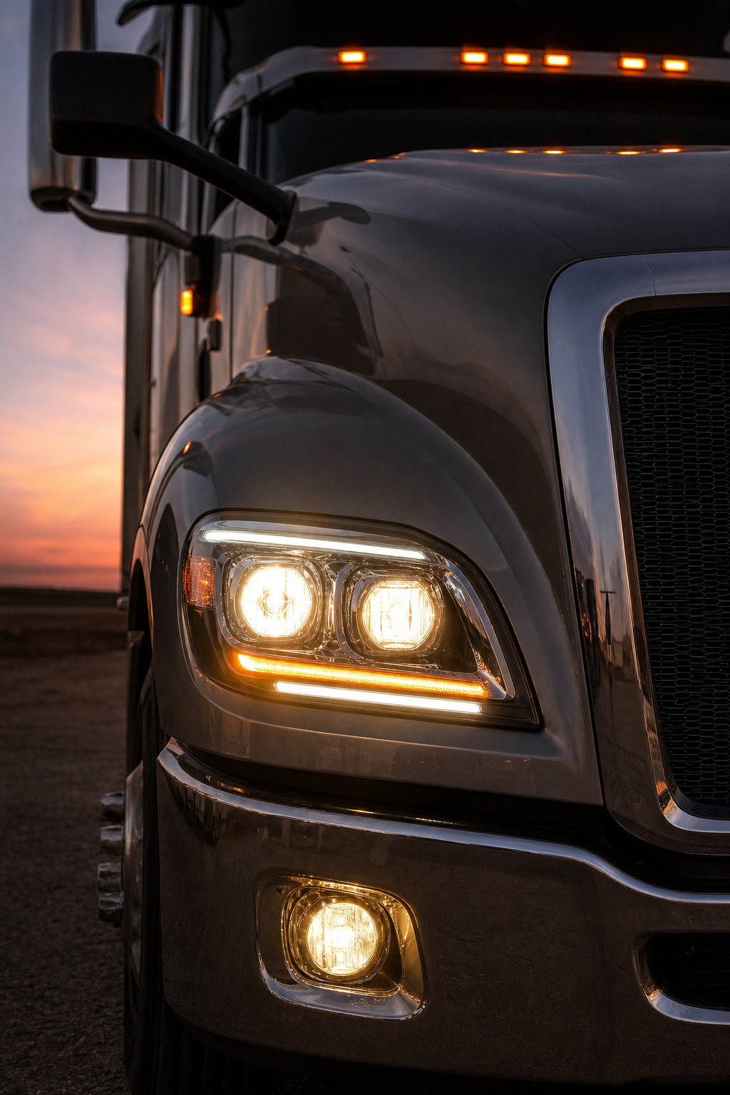 A realistic close‑up of a semi‑tractor’s front lighting array at dusk, each bulb illuminated, Realism style