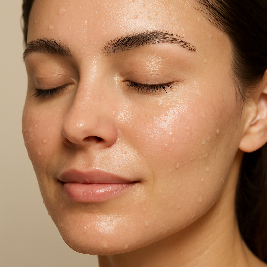 A serene close‑up of a clear, hydrated face with droplets of water, emphasizing natural glow. Alt: