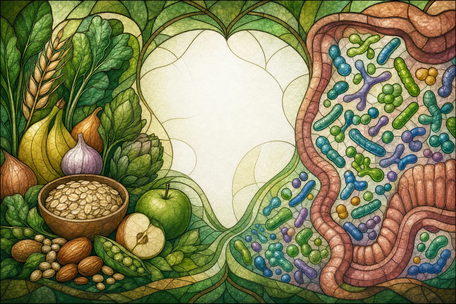Prebiotic fiber feeding gut microbes beside live probiotic microorganisms.