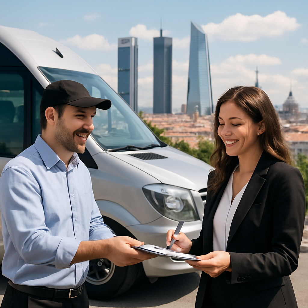 A friendly driver handing a clipboard to a smiling event planner next to a modern minibus, with Madrid skyline in the background. Alt: Event planner reviewing bus rental cost breakdown in Madrid.