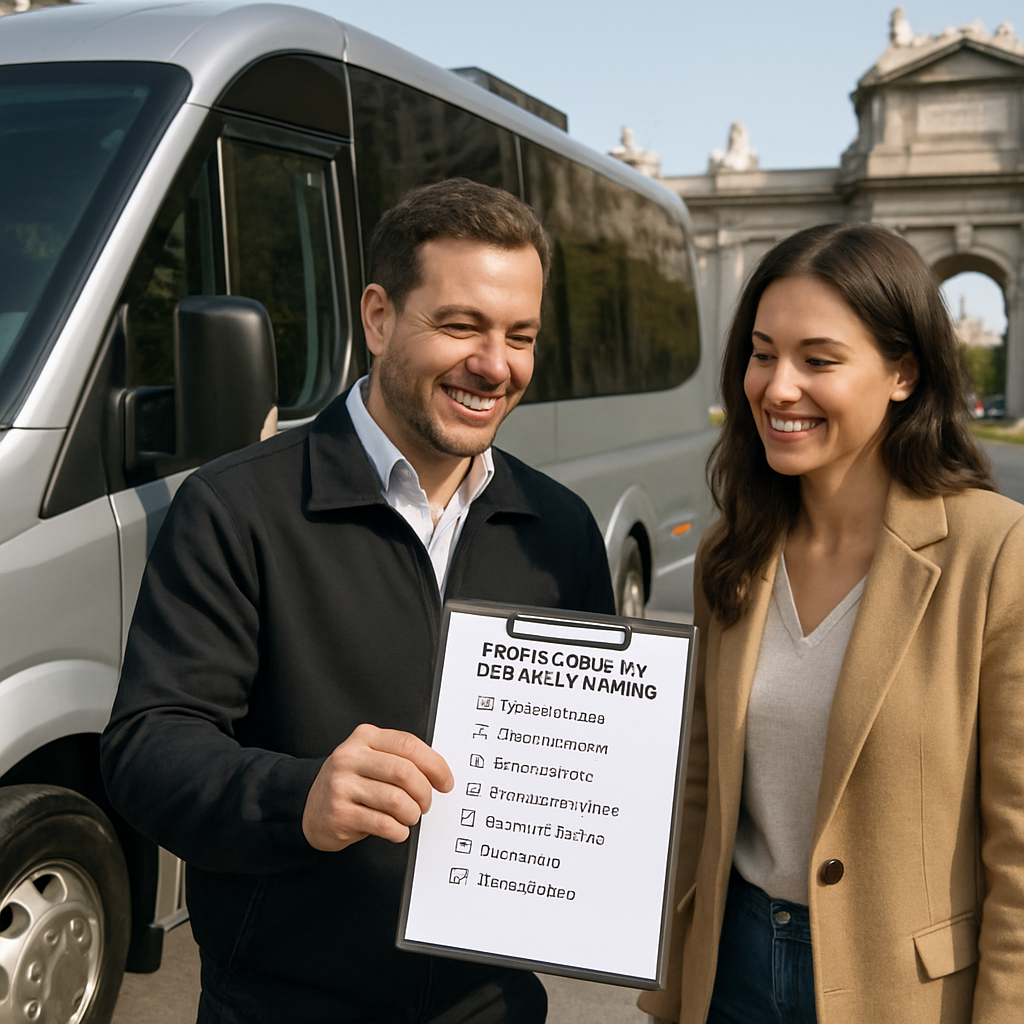 A friendly driver showing a checklist of optional services to a smiling client beside a sleek microbus in Madrid. Alt: Evaluating additional services and fees for precio alquiler microbus Madrid