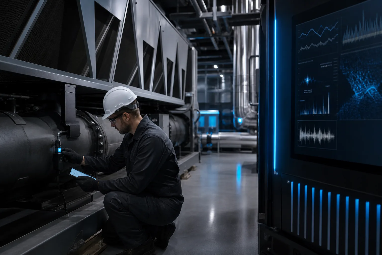 Predictive maintenance AI monitoring HVAC and utility equipment in a US facility.