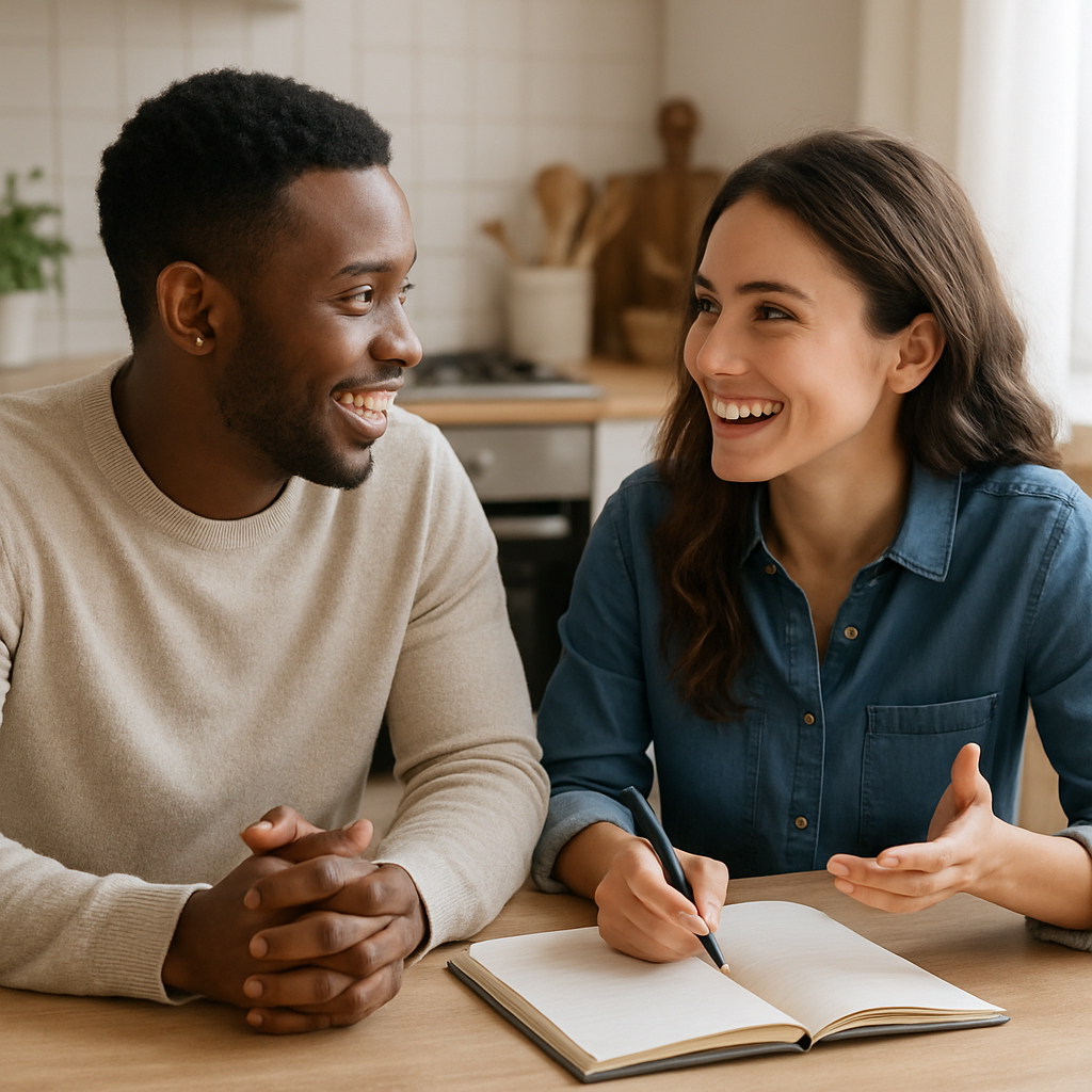 A couple sitting at a kitchen table with a notebook, smiling as they discuss their future values. Alt: Premarital counseling values discussion illustration