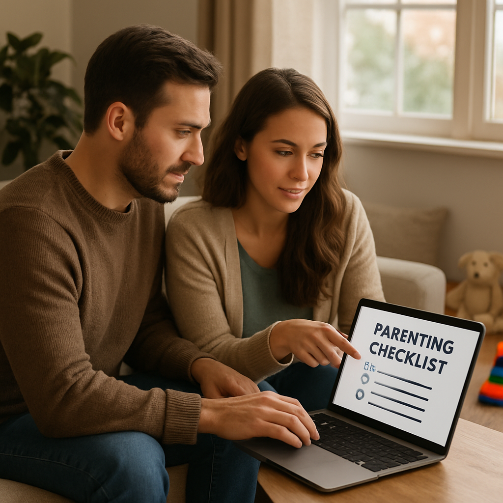 A cozy living room scene with a couple reviewing a parenting checklist on a laptop, soft daylight through a window, baby toys in the background. Alt: Couple discussing family planning and parenting views.