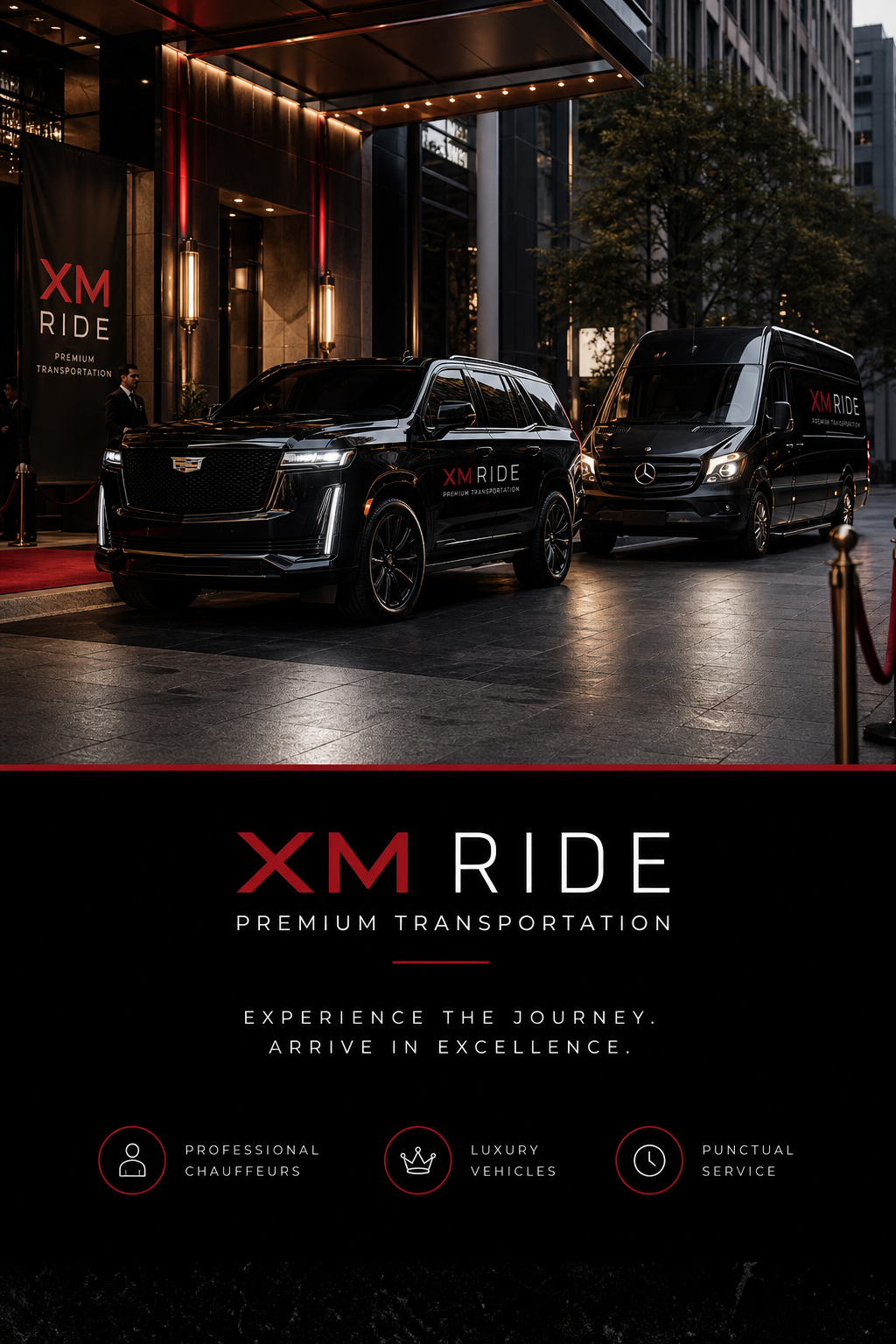 A cinematic shot of a luxury SUV and a Mercedes Sprinter van in a premium curb setting.