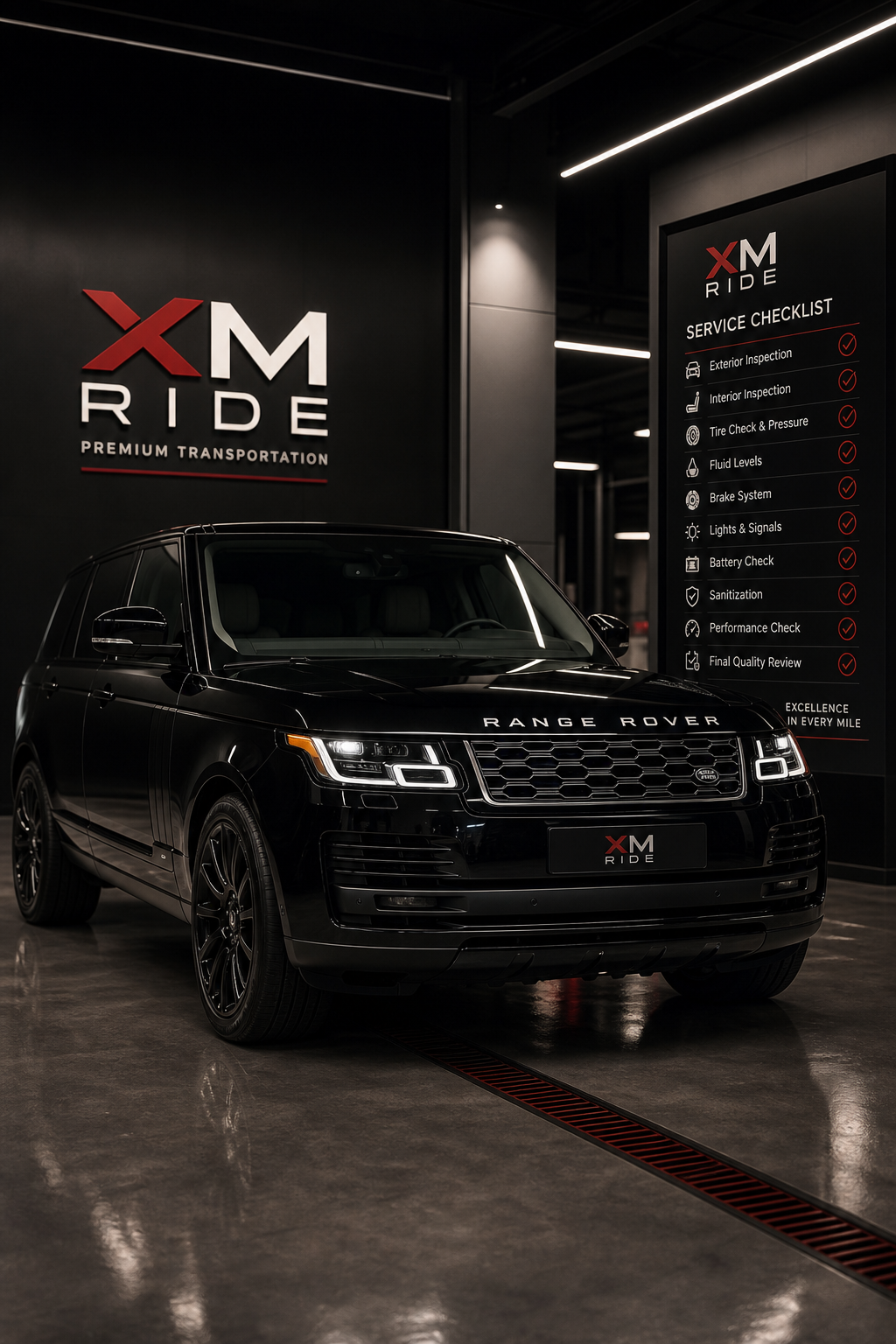 A clean, well-maintained premium SUV indoors with a service checklist visible in the background.