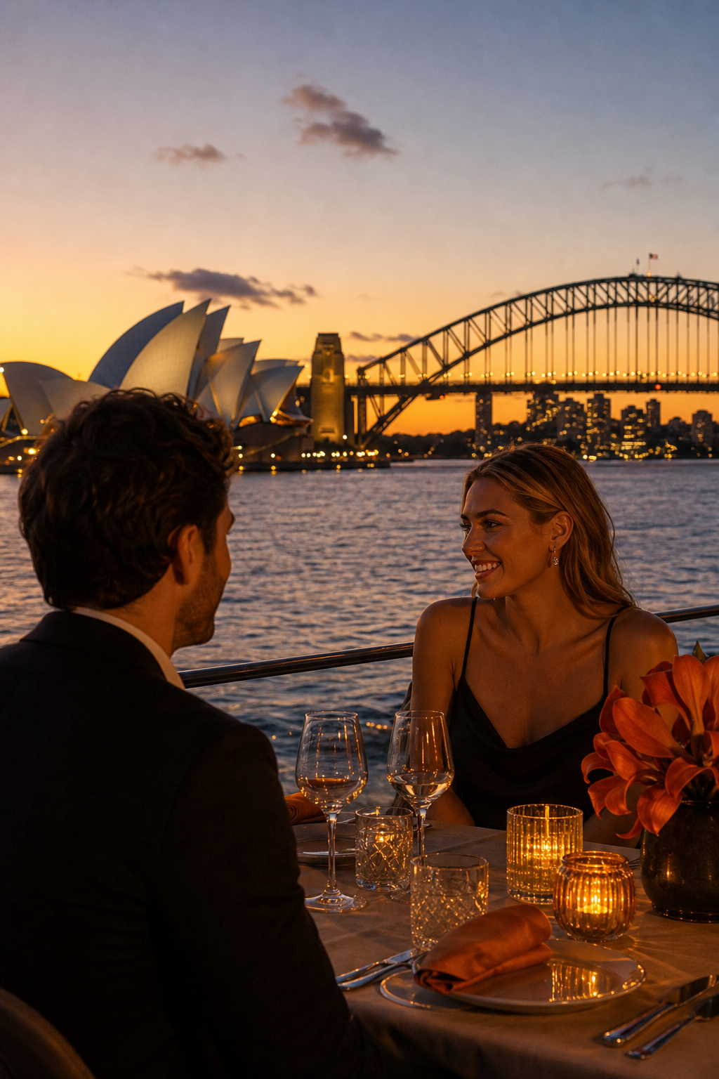 A photorealistic scene of Sydney's iconic Opera House and Harbour Bridge at dusk, warm amber light reflecting on the water, a polished private dining table in the foreground set for two with crystal glasses and candles, luxury atmosphere. Alt: Premium escort agency Sydney luxury dinner companion with Sydney Opera House view.