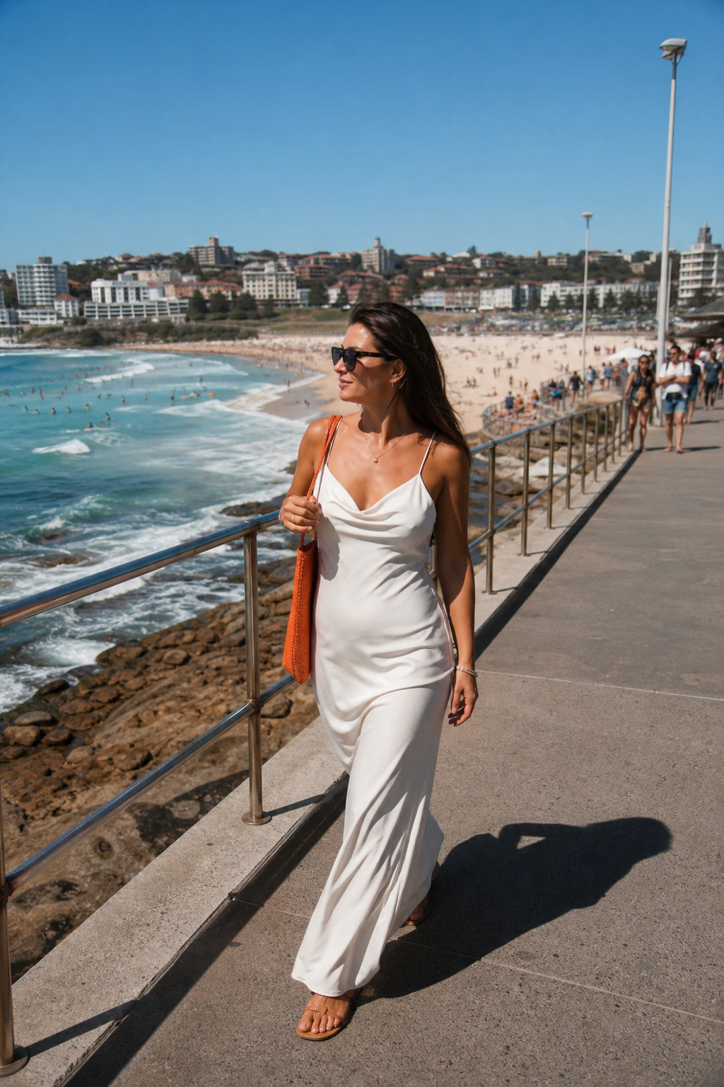 A photorealistic wide-angle scene of Bondi Beach, Sydney, on a clear summer afternoon, golden sand and deep blue water, a sophisticated woman in an elegant sundress walking along the promenade, upscale beach lifestyle atmosphere. Alt: Bondi Beach Sydney glamour companionship luxury escort experience.