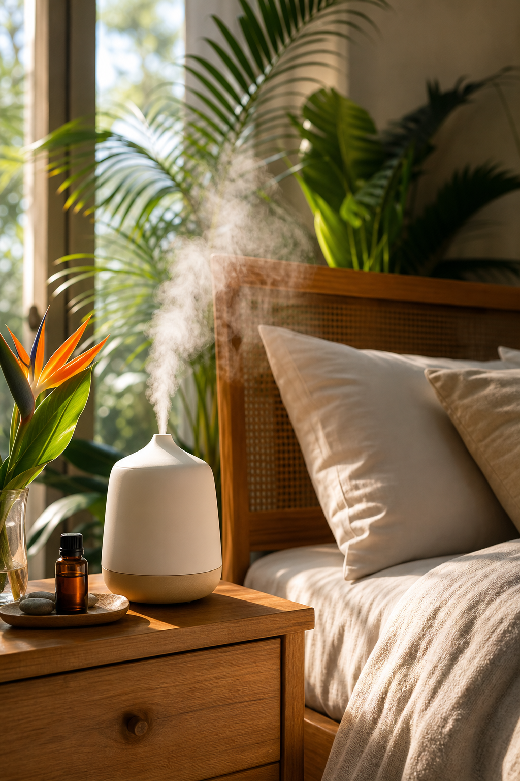 A photorealistic view of a serene bedroom with soft morning light, a cold air diffuser on a nightstand emitting a fine mist, tropical leaves in the background, and a sense of calm. Alt: Tropical bedroom with cold air diffuser and Aqua Island oil for serene ambiance.