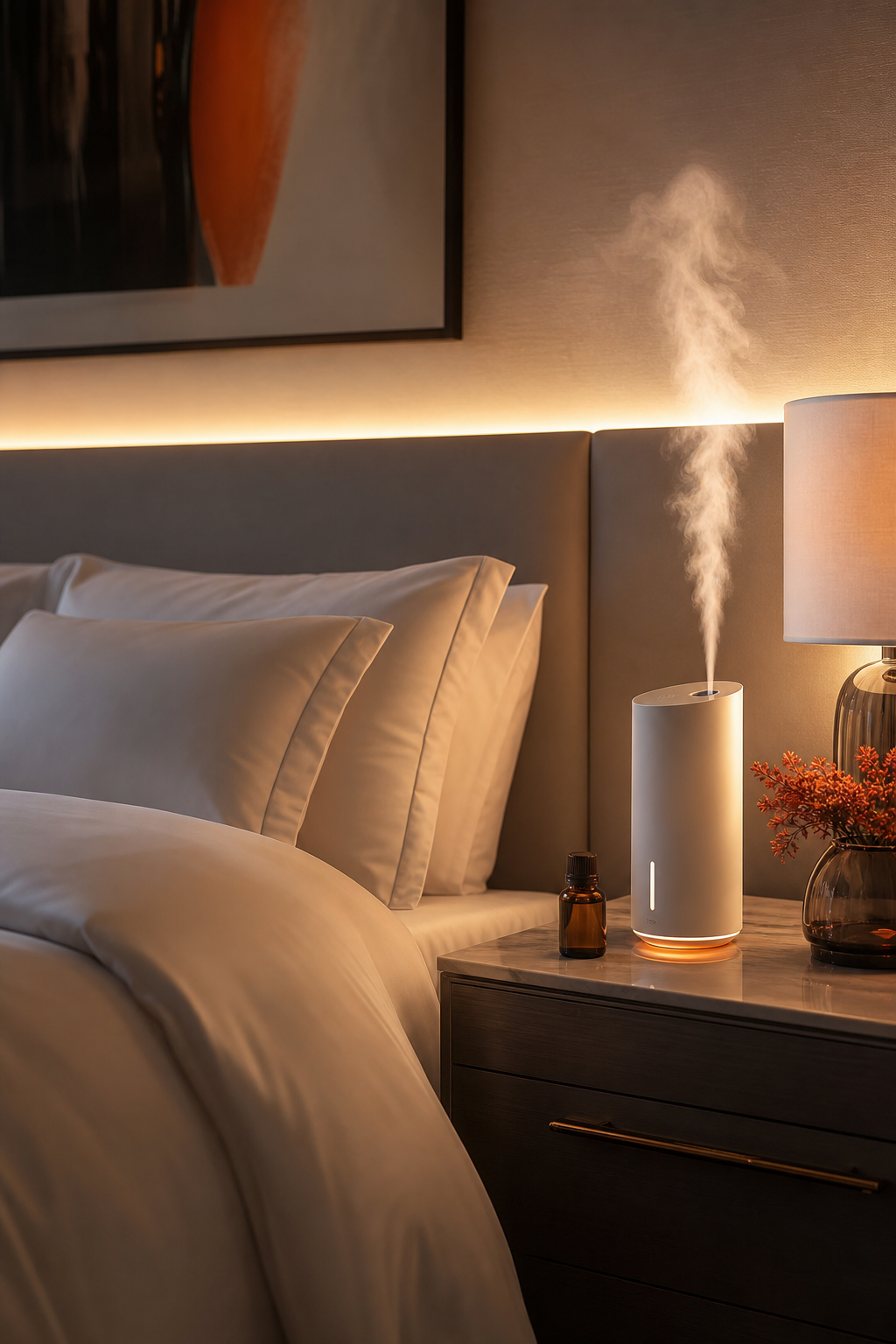 A photorealistic bedroom with hotel-style bedding, a cold air diffuser on a sleek nightstand, soft lighting, and an overall luxurious feel. Alt: Elegant bedroom with cold air diffuser and hotel-inspired fragrance oil for a luxury ambiance.