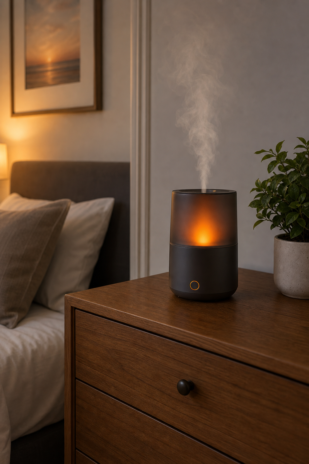 A photorealistic bedroom scene showing a modern cold air diffuser on a wooden dresser, with soft evening light and a subtle mist rising, creating a calm atmosphere. Alt: Cold air diffuser placed on dresser in bedroom for optimal scent coverage.