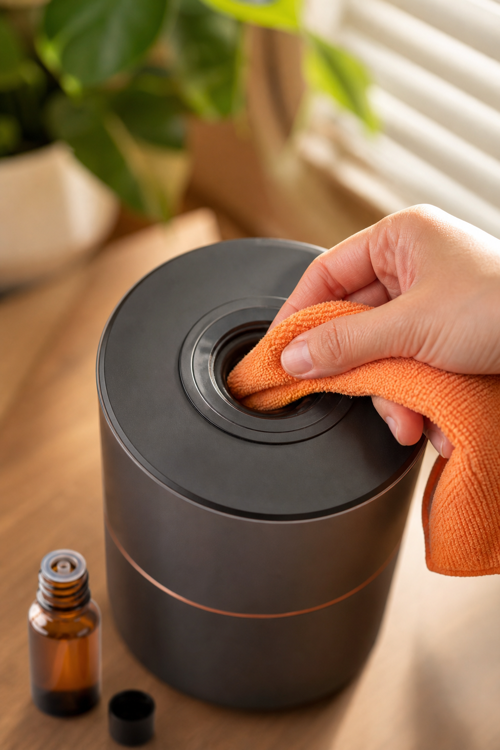 A close-up photorealistic shot of a hand cleaning the refill port of a cold air diffuser with a microfiber cloth, with a bottle of fragrance oil nearby. Alt: Cleaning a cold air diffuser to maintain long-lasting fragrance performance.