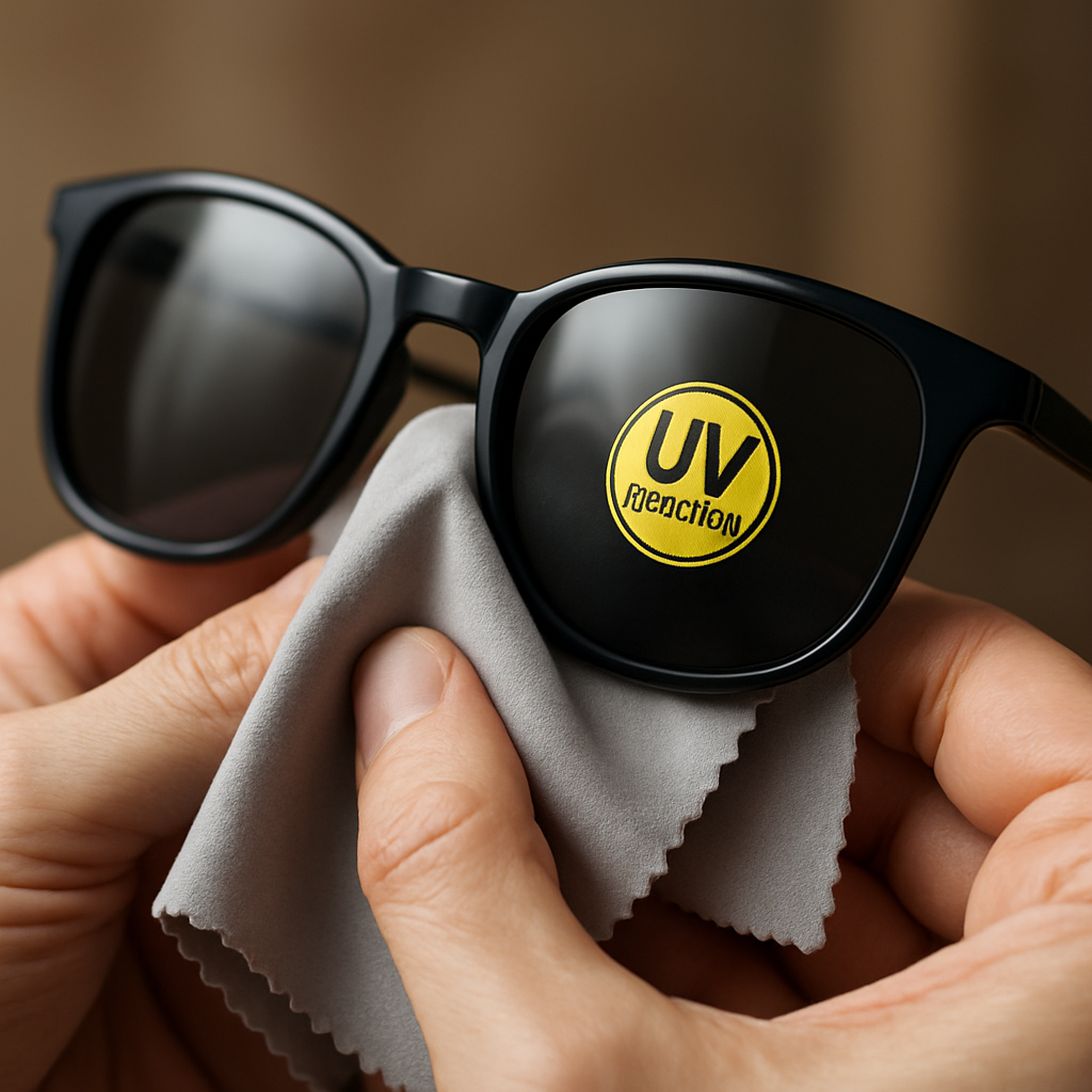 A close-up of hands cleaning prescription sunglasses with a microfiber cloth, showing UV protection label on lens. Alt: cleaning prescription sunglasses with UV protection