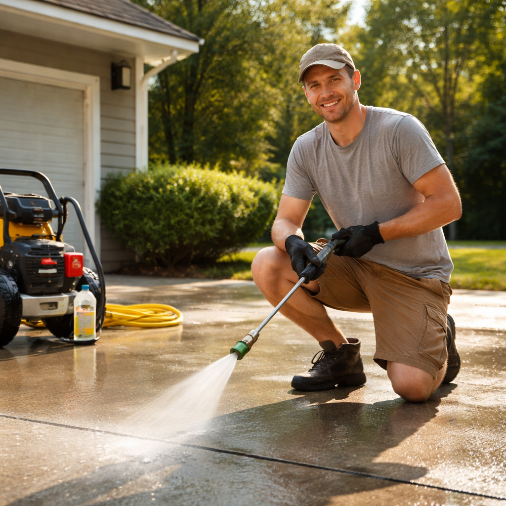 A photorealistic scene of a homeowner kneeling on a concrete driveway, holding a pressure washer wand with a 25-degree nozzle, sunlight highlighting the clean, freshly washed surface. Alt: Pressure washing preparation showing equipment and surface ready for cleaning.