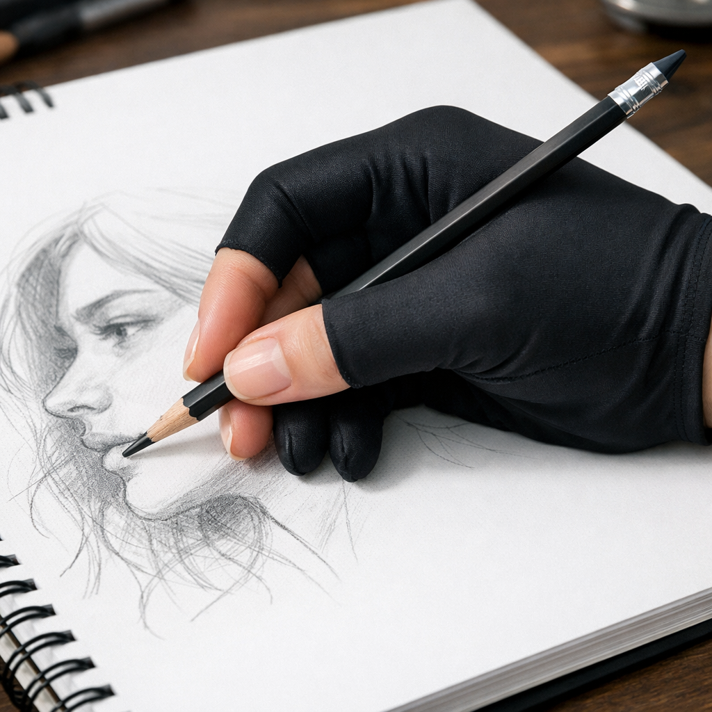 A realistic close‑up of a hand wearing a smooth lycra glove gliding over a sketch pad, showing no smudge marks. Alt: clean drawing hand with glove preventing graphite smudging